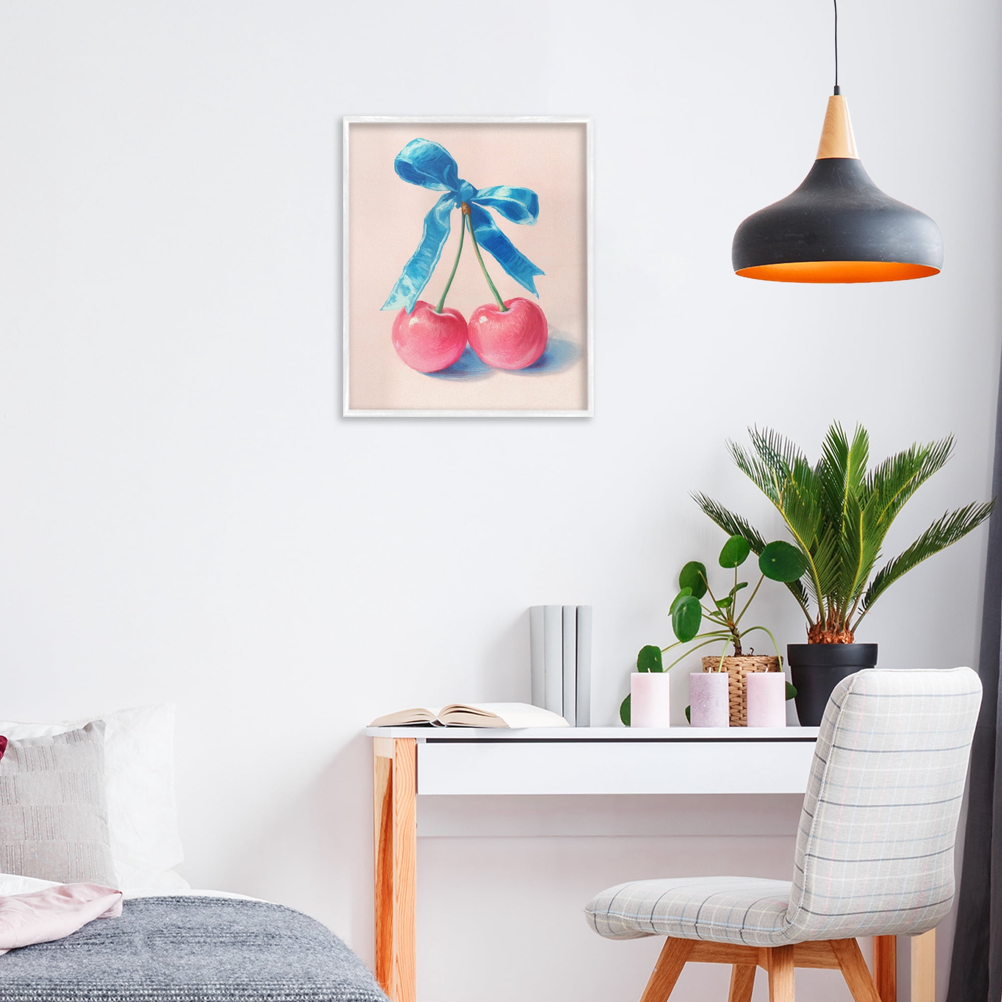 Stupell Industries Twin Cherries with Blue Ribbon White Framed Giclee Art, design by Imagine It Images