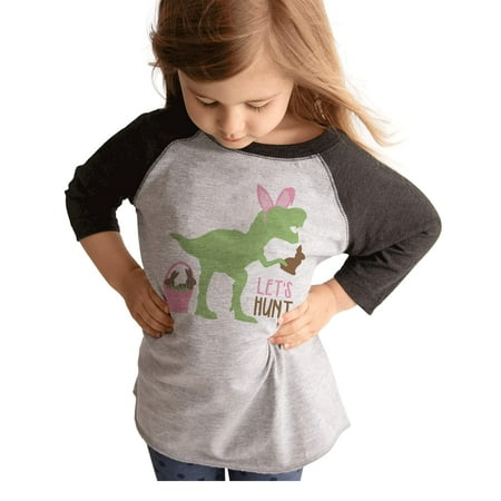 

7 ate 9 Apparel Girls Happy Easter Shirts - Funny Dinosaur Bunny Hunt Grey Shirt 2T
