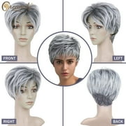Creamily Grey Short Wigs for Women Layered Short Pixie Cut Wigs with Bangs Synthetic Grey Wigs Wefted Wig Cap