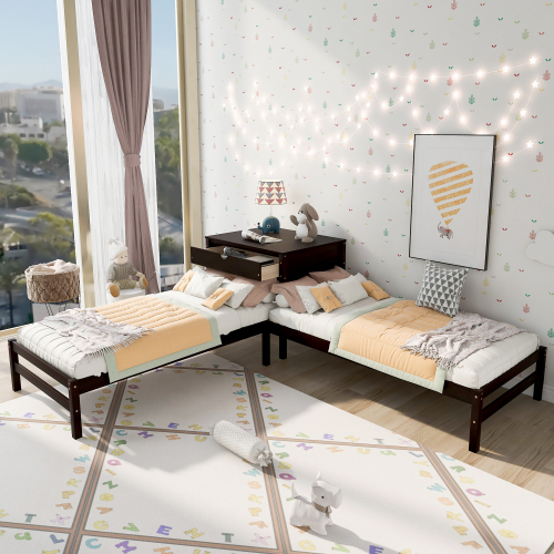 LShaped 2 Beds Twin Size Platform Bed Linked with Builtin Rectangle Table, Wood Corner L