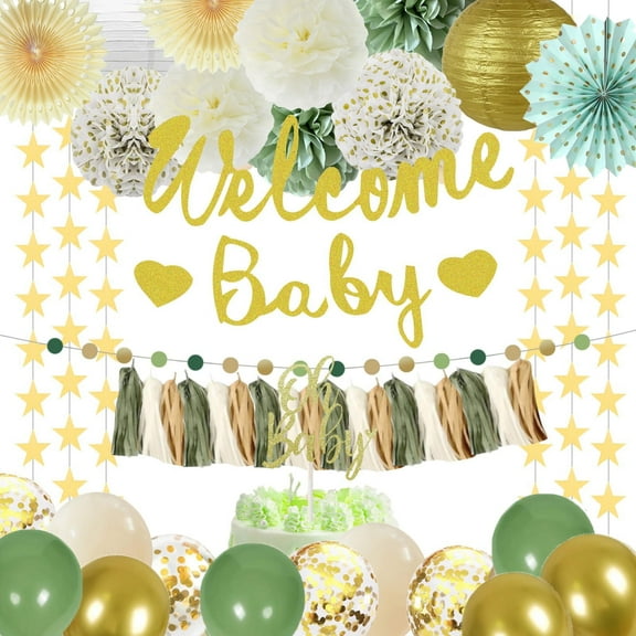 Xugoox 36 Pieces Sage Green Baby Decorations with Banners Paper Lanterns Pom Poms and More for Gender Reveal Birthday Party Supplies