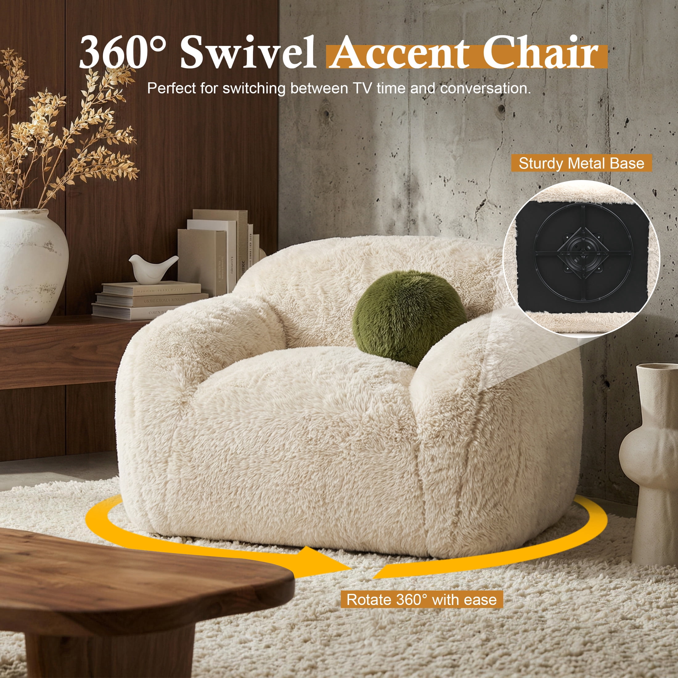 Aukfa Oversized 360° Swivel Sofa Chiar, 43.3" Plush Faux Fur Accent Chair with Ball Pillows, Beige