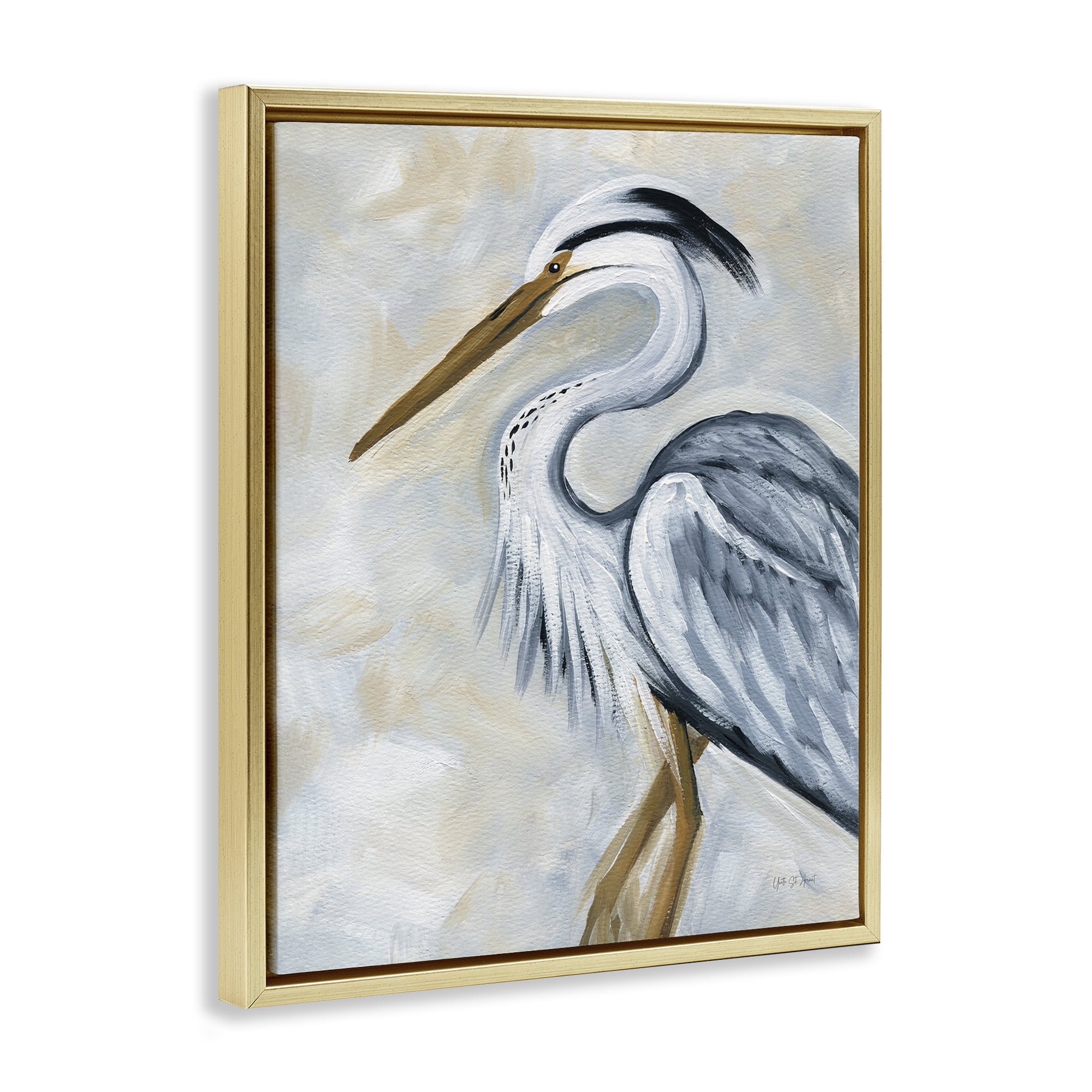Stupell Industries Muted Blue Heron Animals & Insects Painting Gold Floater Framed Canvas Art Print Wall Art, 17 x 21