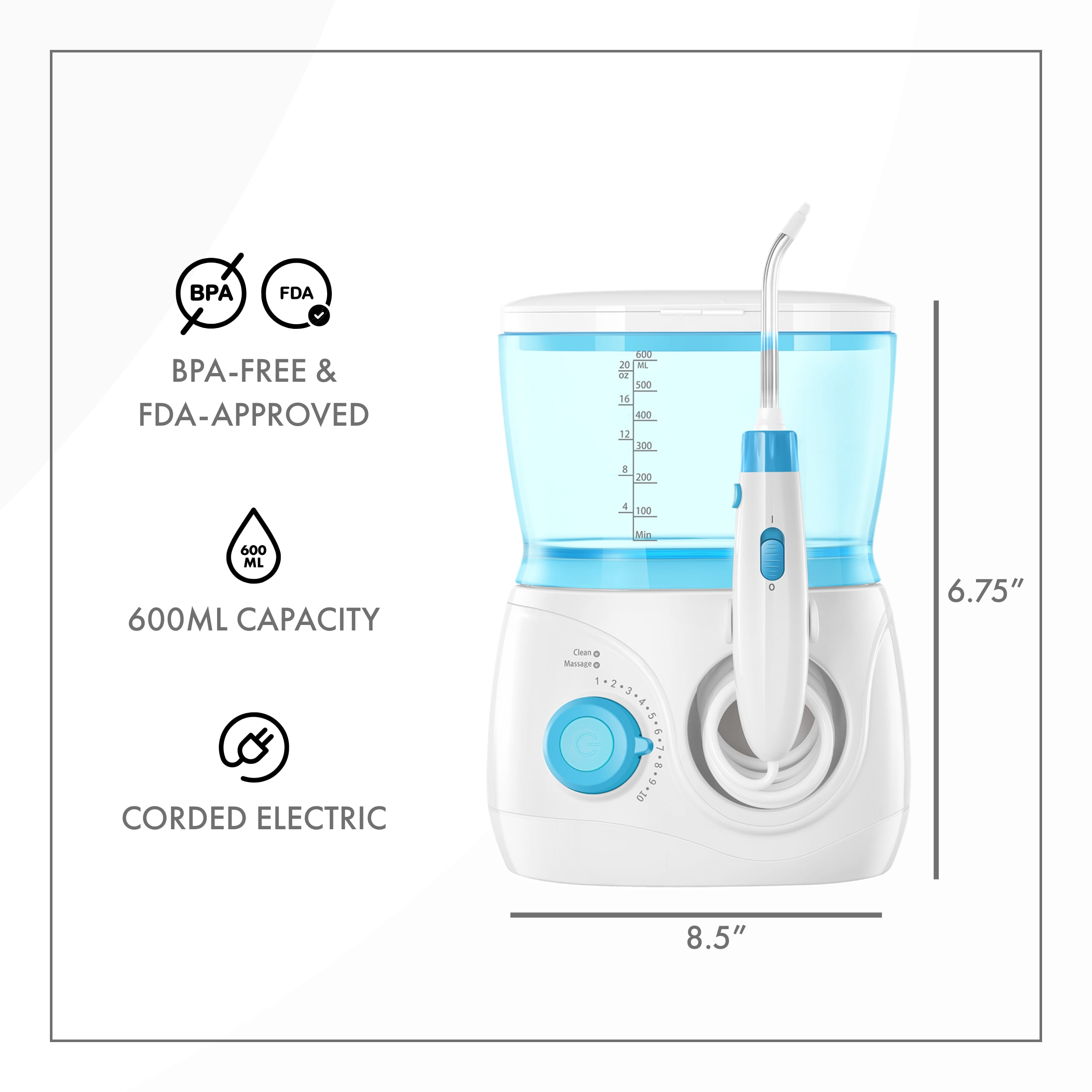 ToiletTree Products Children's Countertop Water Flosser - High-Quality Dental Oral Irrigator for Kids - BPA-Free Dental Water Flosser with 600mL Capacity and Adjustable Water Pressure - Blue