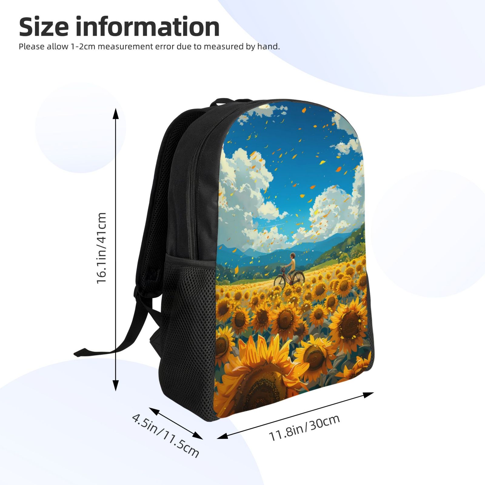 Xecao Field Bicycle Young Sunflower Print School Backpack with Laptop Compartment Small Travel Laptop Backpack for Women Men Waterproof College Backpack Simple School Bag