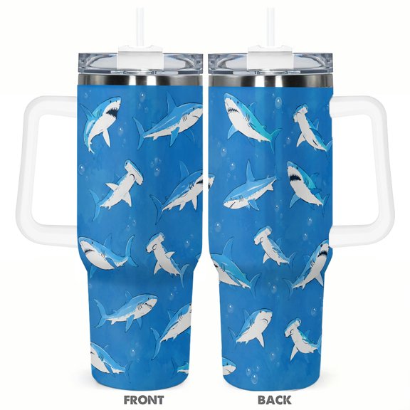 40oz Shark Ocean Marine Travel Tumbler Insulated Car Cup with Handle Straw Stainless Steel Large Capacity Coffee Cup Sea Life Gift