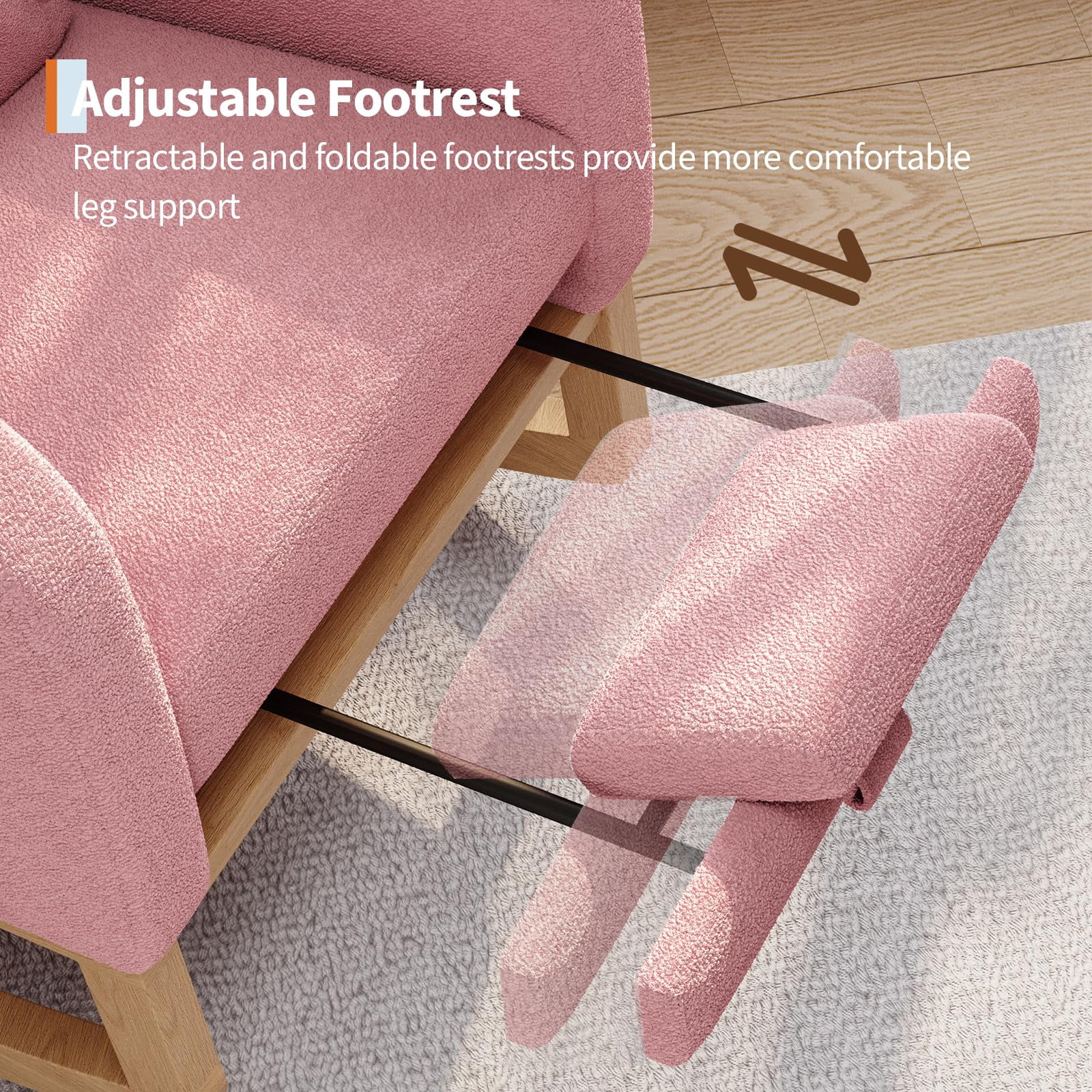 Garvee Modern Nursery Glider Chair Teddy Fleece Rocking Chair with Footrest with Side Pockets and Pillow, Rocker Chair for Living Room Bedroom and Home, Pink