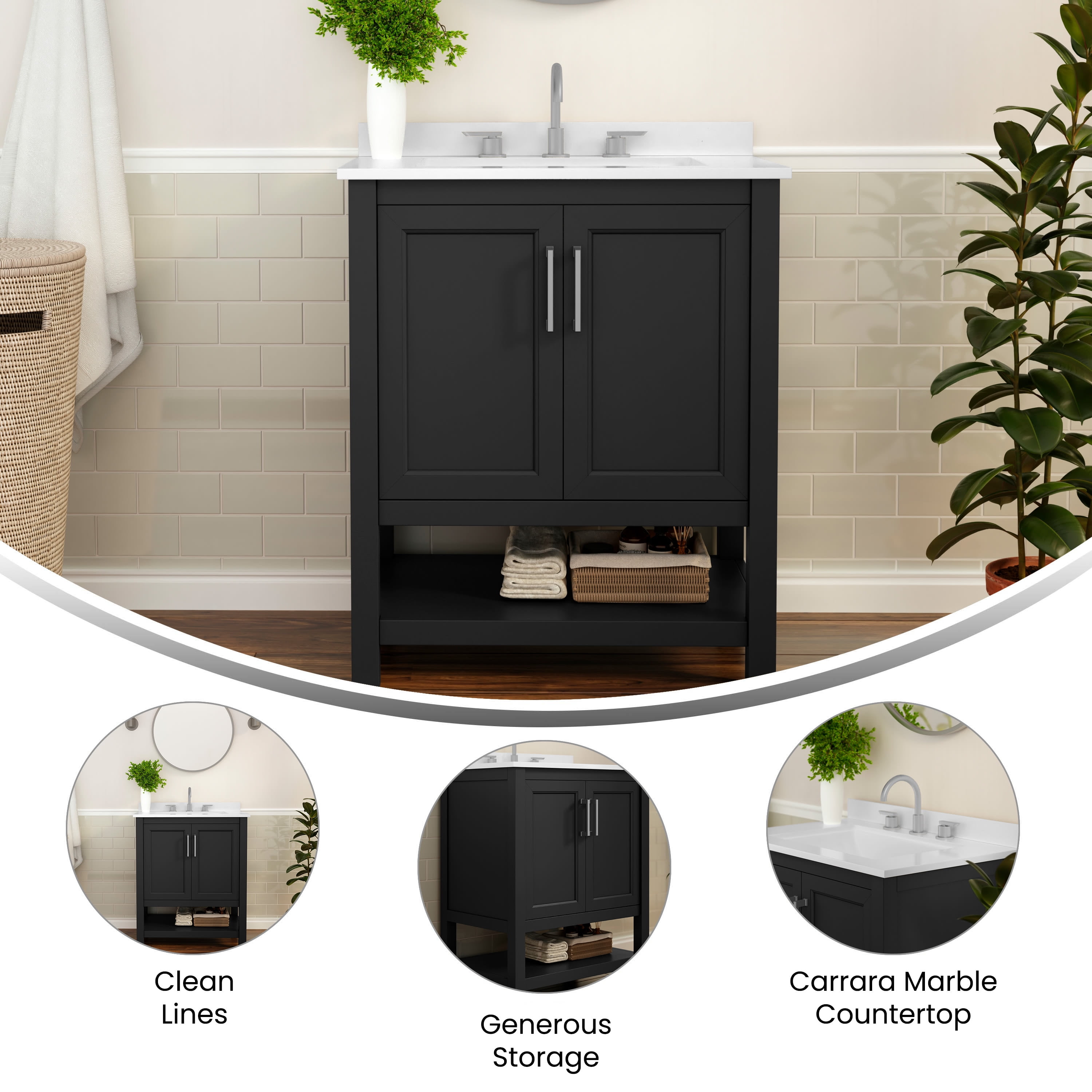 BizChair 30 Inch Bathroom Vanity with Sink Combo, Storage Cabinet with Soft Close Doors and Open Shelf, Carrara Marble Finish Countertop, Black