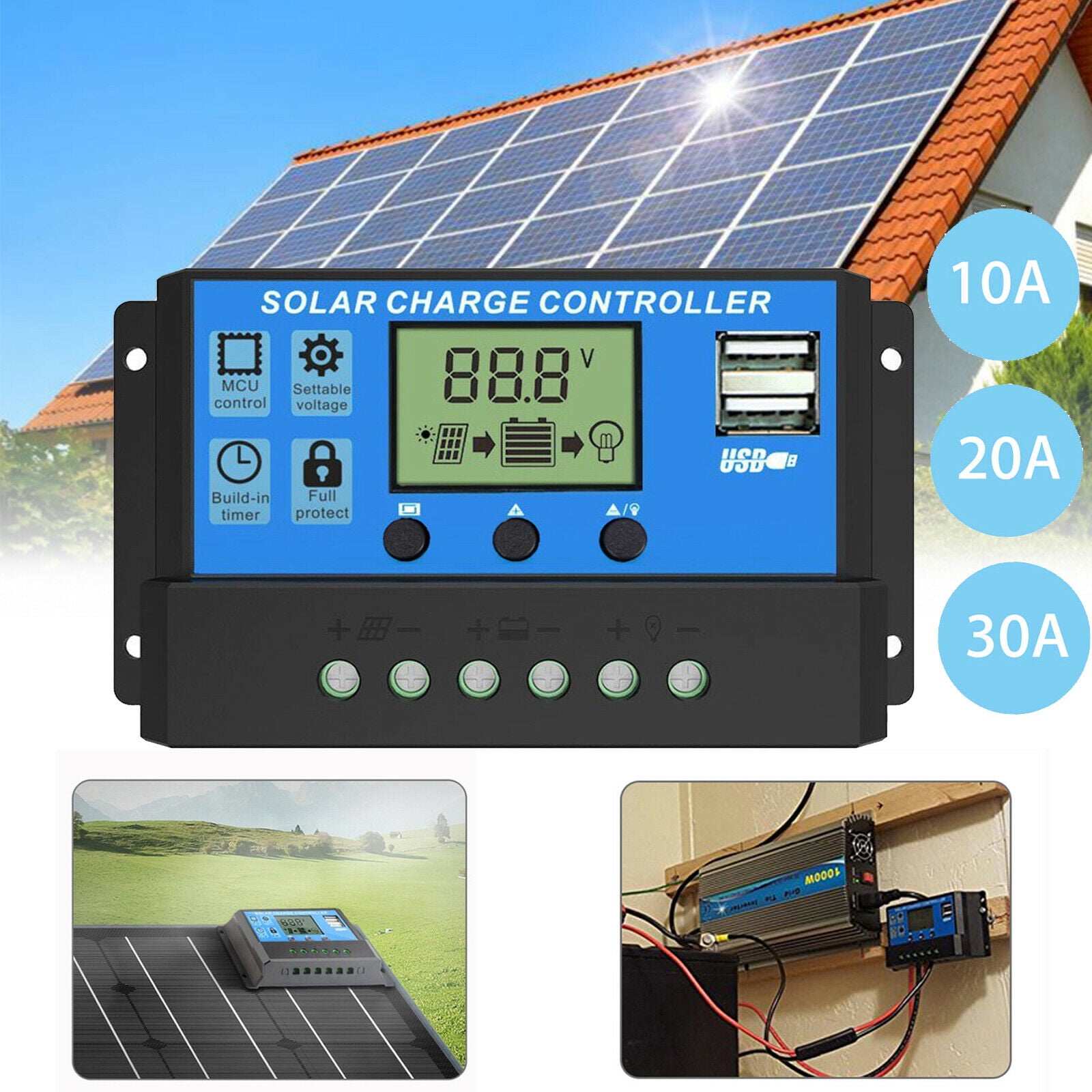 30A Solar Charge Controller 12V/24V Auto, Solar Panel Battery