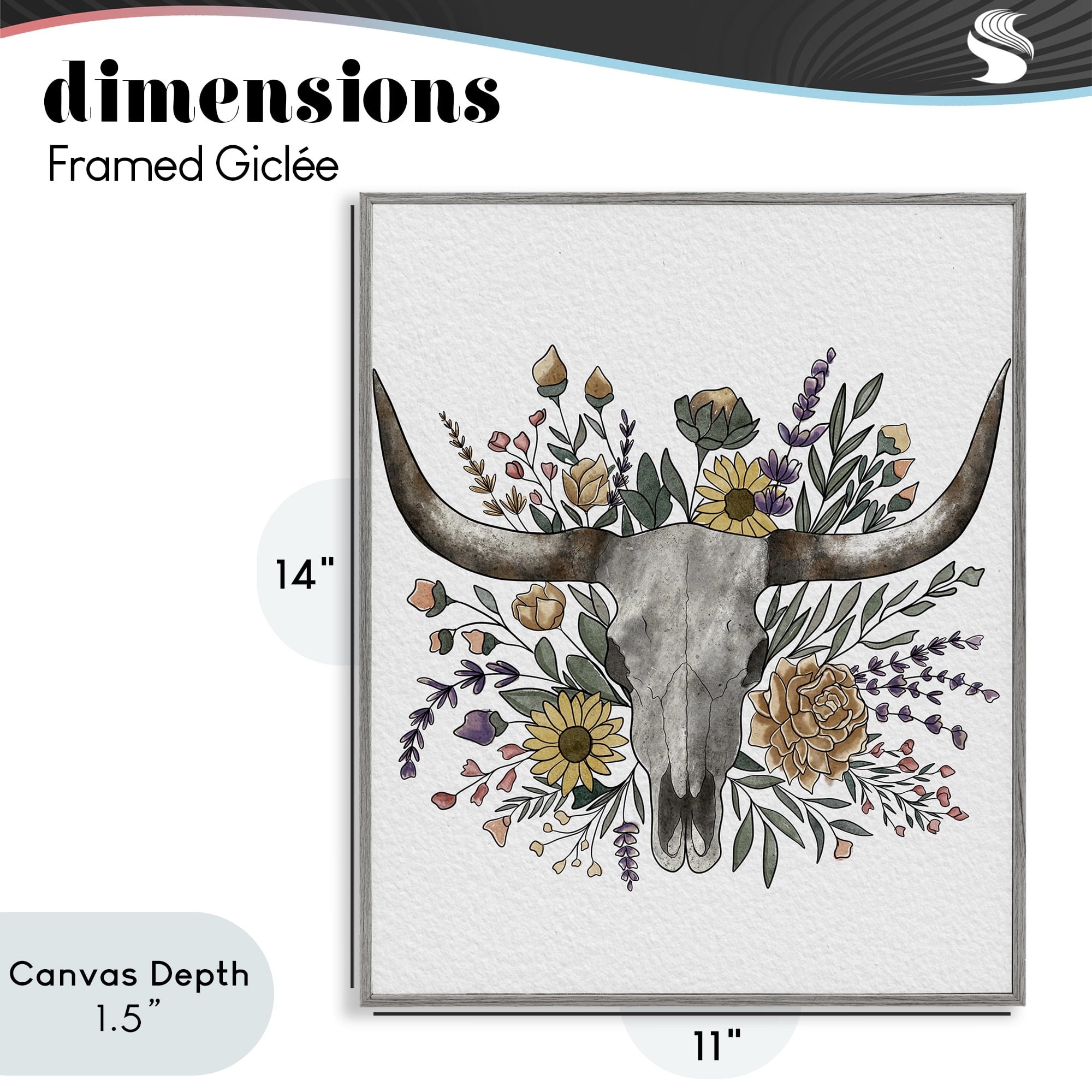 Stupell Industries Boho Wildflower Longhorn Gray Framed Giclee Art, design by Alisha Kiara Design