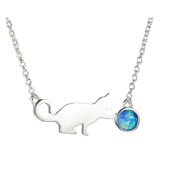Hearth & Gear Platinum Blue Opal Cat Playing Pendant Necklace Letter Pendant Womens Laye Necklaces Men's Jewelry Pack of Necklaces for Women Statement Necklace Extra Long Necklaces for Women Pack of