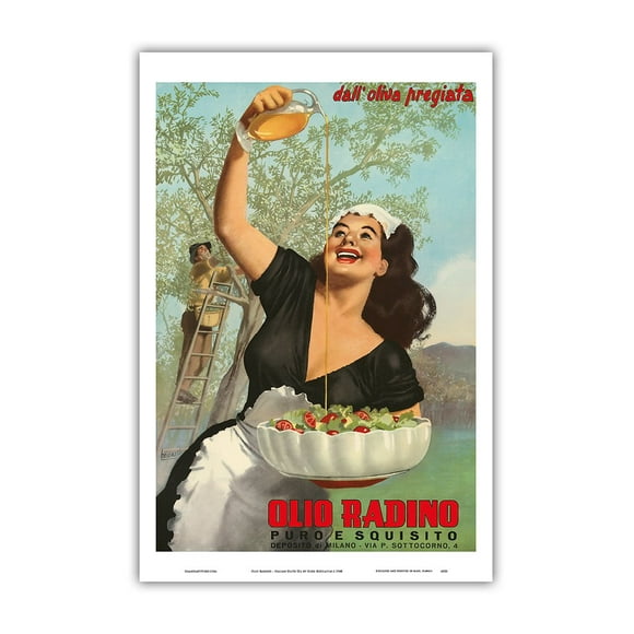Olio Radino Italian Olive Oil - Puro e Squisito (Pure and Delicious) - Vintage Advertising Poster by Gino Boccasile c.1948 - Master Art Print 12in x 18in