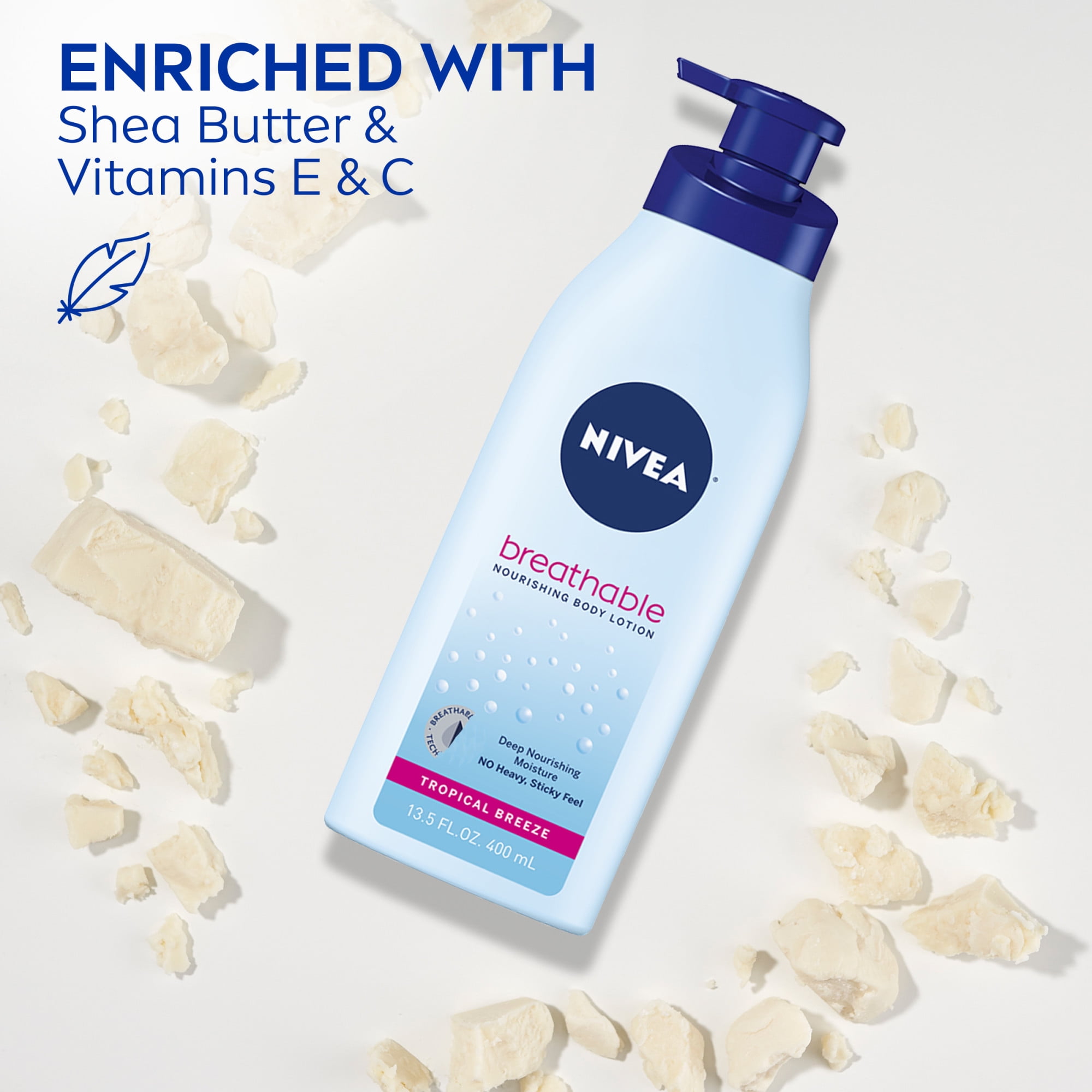 NIVEA Breathable Body Lotion, Tropical Breeze, Lightweight, Shea Butter, Vitamin E & C, 13.5 fl oz