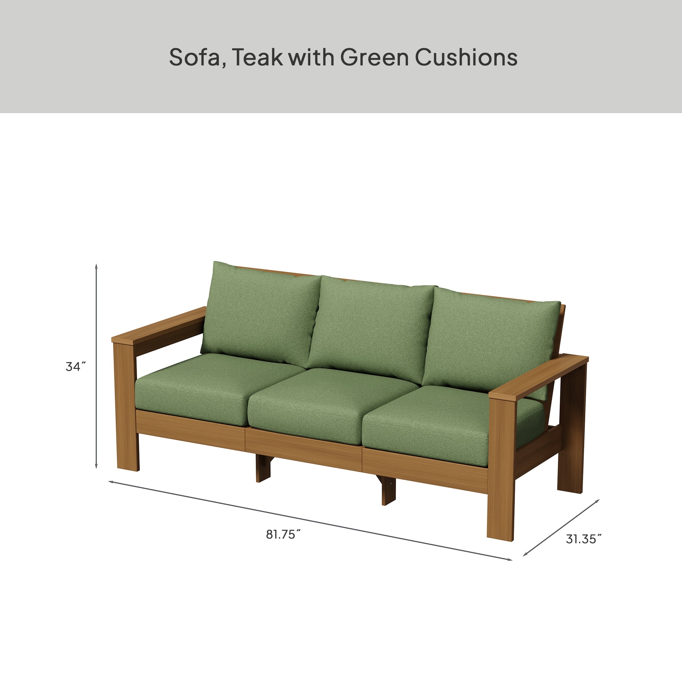 Better Homes & Gardens Ezra Outdoor Sofa, HDPE, Teak with Green Cushions