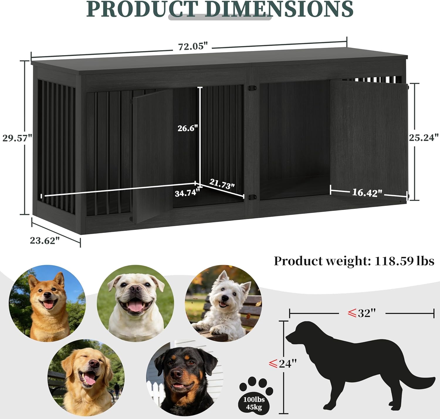POAO 72" Double Dog Crate Furniture, Heavy Duty Dog Kennel for 2 Large Dogs, Wooden Dog Cage w Removable Divider, Decorative Dog House as TV Stand, Dark Grey