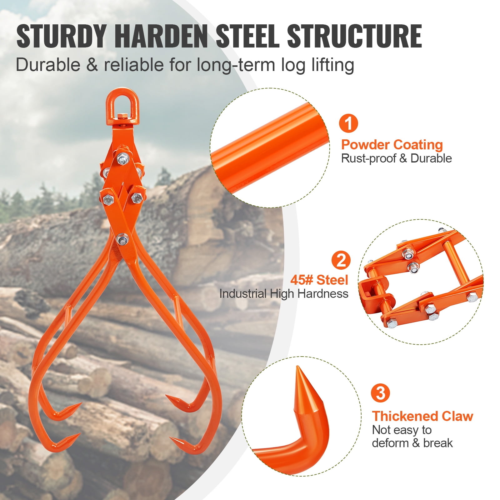 KFFKFF Timber Claw Hook, Swivel Steel Log Lifting Tongs, 28 inch 4 Claw Log Grapple for Logging Tongs, Eagle Claws Design with 2205 lbs/1000 kg Loading Capacity