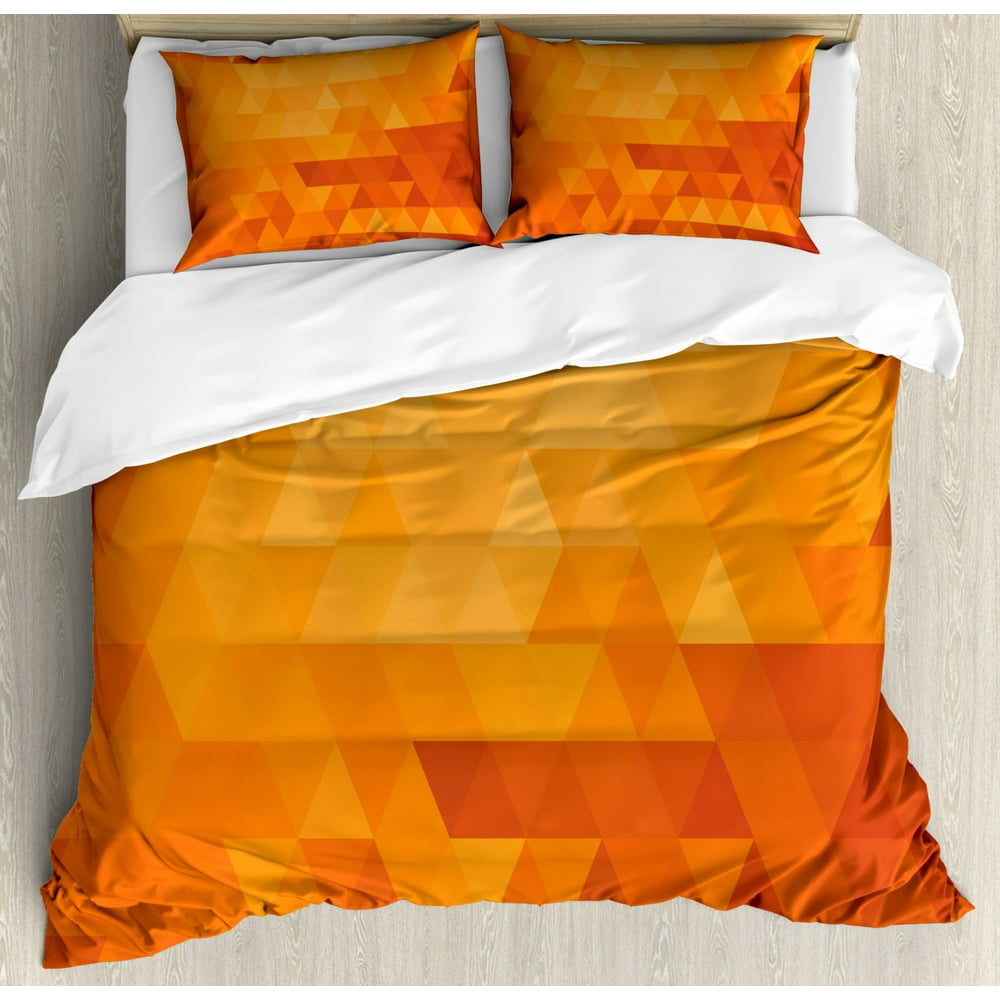 Orange Duvet Cover Set, Triangle Mosaic Shapes and Patterns with