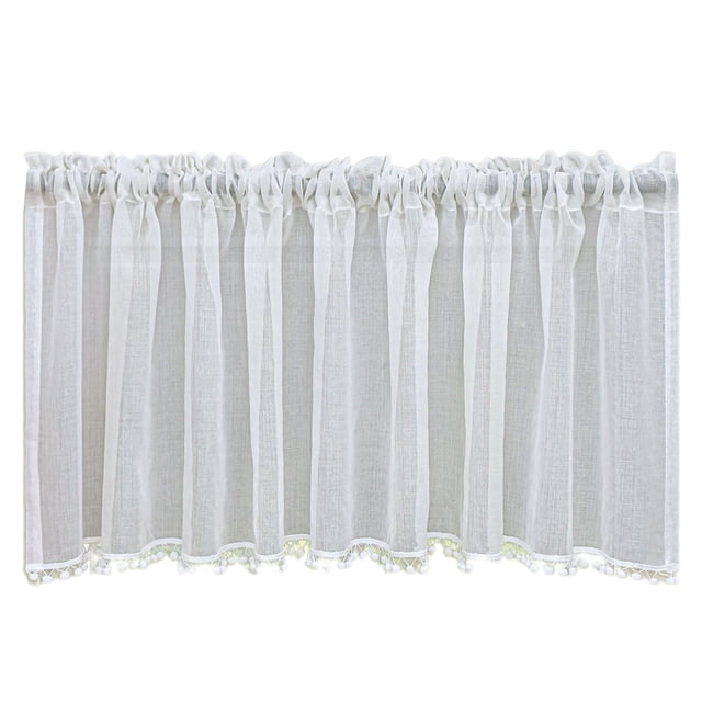 Koszal Panneau de Fenêtre Transparent avec Pompons Polyester Lavable Porte en Verre Rideaux Courts Décoration Maison