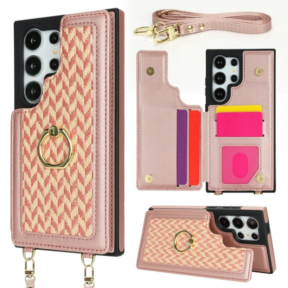PU Leather Crossbody Wallet Case for Samsung Galaxy S25 Ultra, Detachable Magnetic Card Holder RFID Blocking Adjustable Strap Rotating Ring Stand Elegant & Stylish Protective Phone Cover, Rosegold