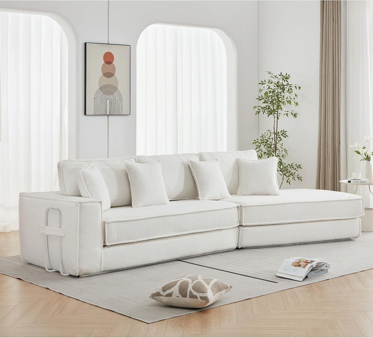 Howcool 133" Modular Cloud Sectional Sofa Bed, 2-in-1 Folding Convertible Couch, Lamb Velvet Fabric, Deep Seat Floor Gaming Sofa, 3-Seat Sleeper for Living Room, Beige