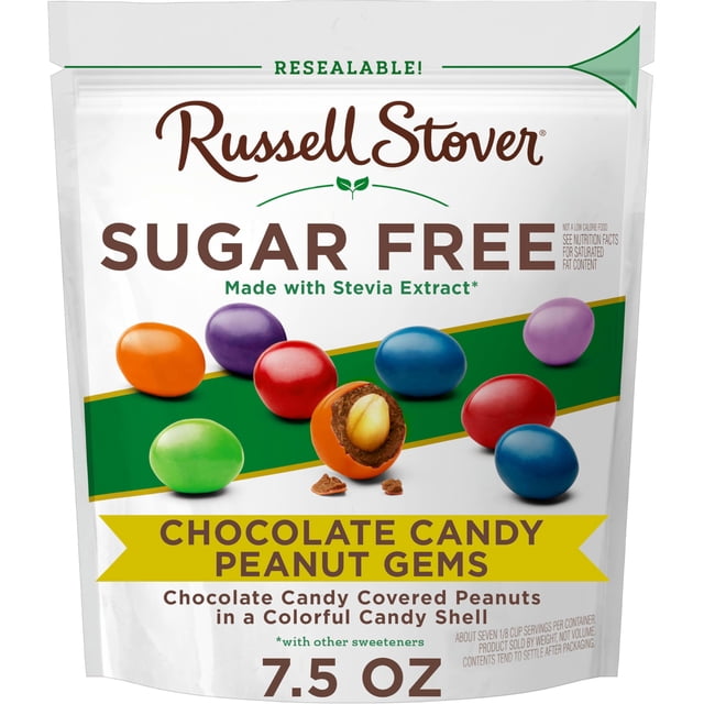 Russell Stover - Gemas de maní recubiertas de caramelo de chocolate sin azúcar, bolsa de 7.5 onzas