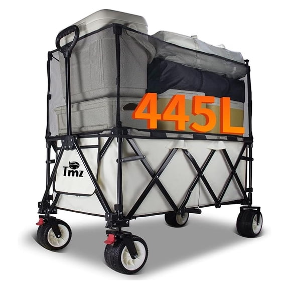 Collapsible Wagon 445L Heavy Duty Foldable Cart with All- Wheels, Canopy & Brakes - Extra Large Utility Wagon for Beach, Outdoor, Garden, Camping Portable Foldable Design (White)