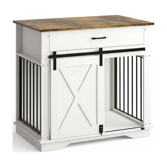 White Wooden Farmhouse Dog Crate Furniture – Double or Sliding Doors, Storage Drawer & Cabinet – Heavy Duty Chew-Resistant Kennel End Table