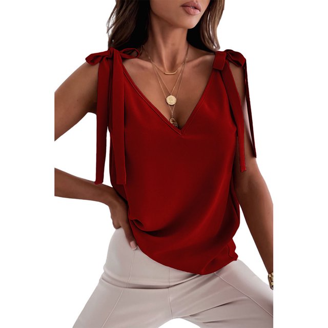 Camiseta sin mangas con tirantes y tirantes para el hombro, blusa con cuello en V, blusa ajustada con hombros descubiertos, Rojo M