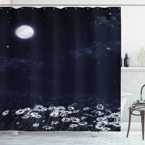 Ambesonne Night Shower Curtain, Dark Night White Daisies, 69"Wx70"L, Dark Blue White