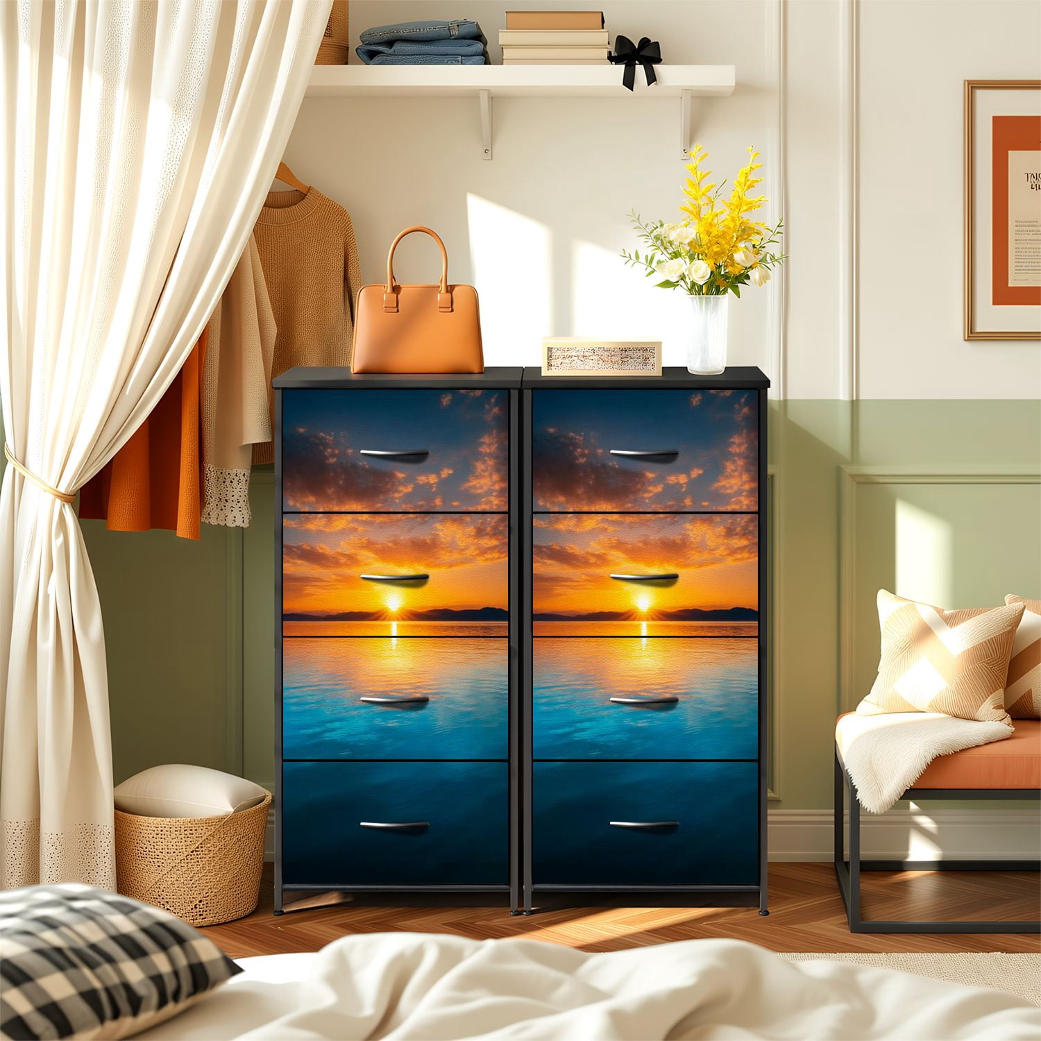 4 Drawer Vertical Storage Dresser Sunset water with Wood Top Fabric Pull Drawers