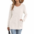thumbnail image 4 of ManxiVoo Women's Lightweight Sweater Long Sleeve Crewneck Pullover with Pocket in Ribbed Knit Design L Size Beige, 4 of 5
