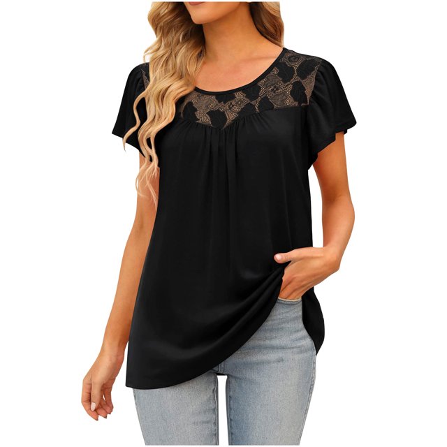 EQWLJWE Hauts d'Été pour Femmes Hauts pour Femmes Liquidation Mode Féminine T-shirt Imprimé en Dentelle Manches Courtes Blouse Col Rond Hauts Décontractés