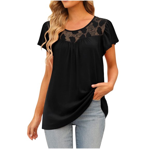 IROINNID Women's Loose Lace Fashion Printed T-shirt Short Sleeves Blouse Round-Neck Tops Spring Saving
