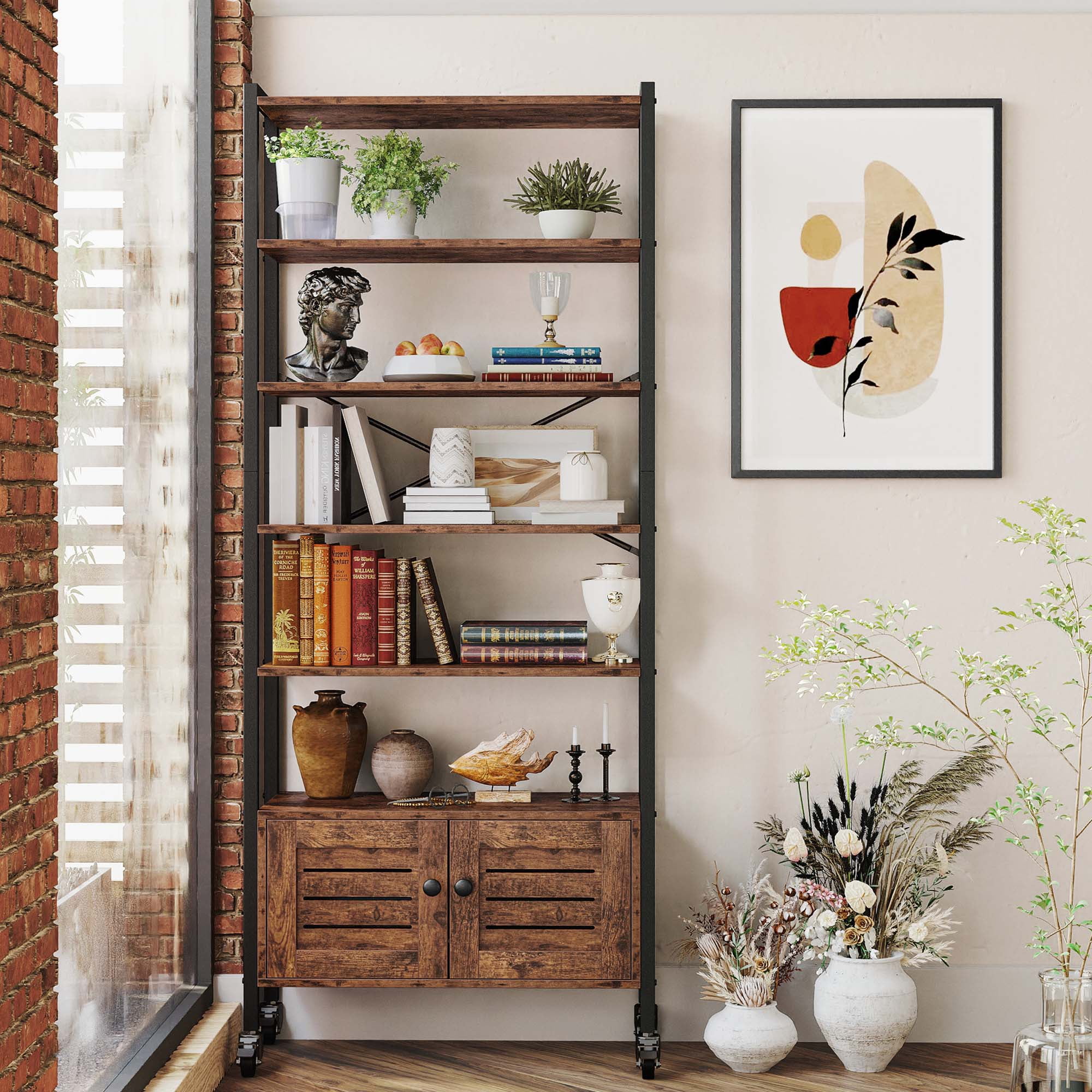 IRONCK Industrial Bookshelf and Bookcase with 2 Louvered Doors and 4 Shelves, Standing Storage Cabinet for Living Room