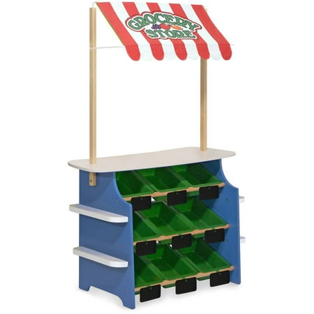 Melissa & Doug Wooden Grocery Store and Lemonade Stand - Reversible Awning, 9 Bins, Chalkboards