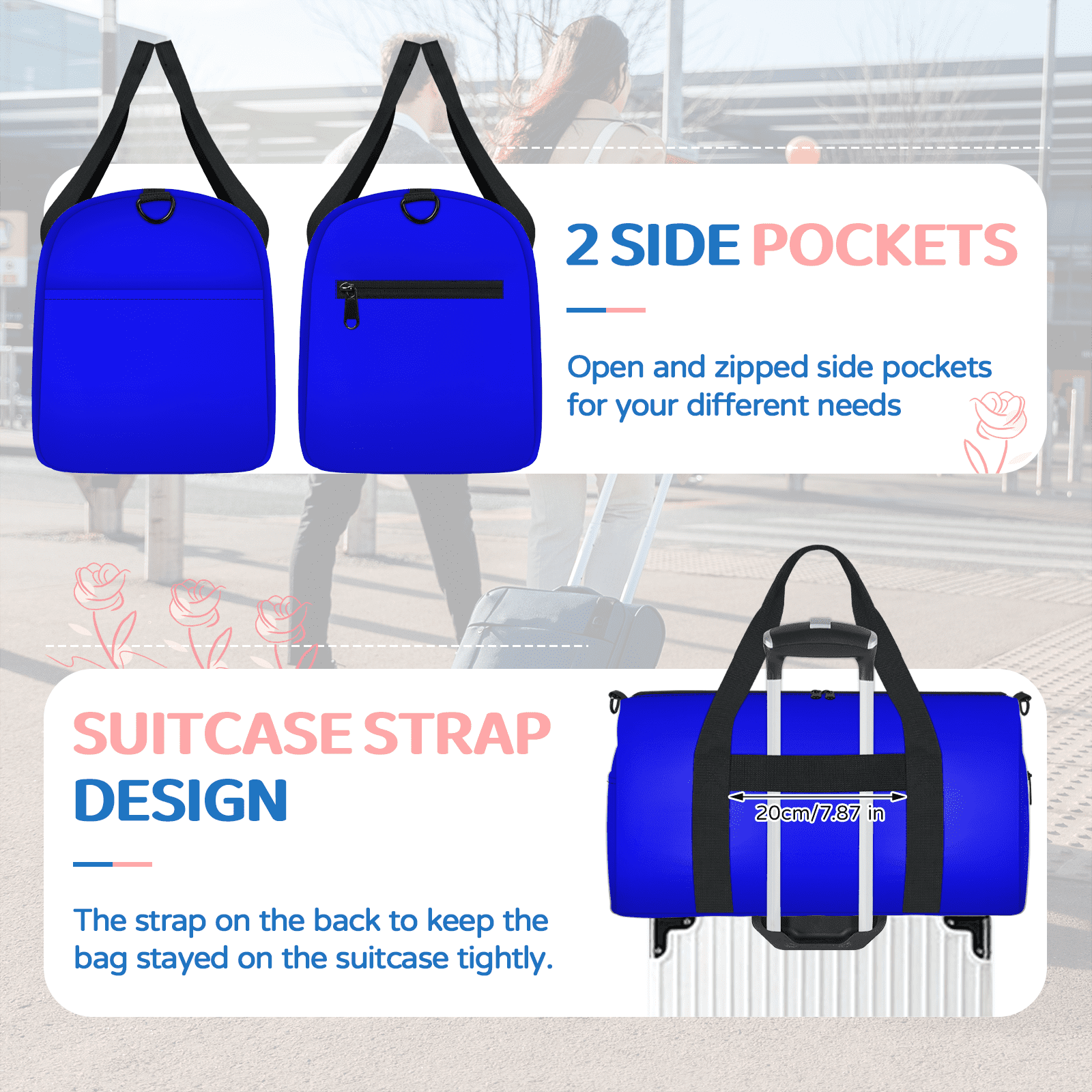 Herdesigns Blue Travel Duffle Bag Sports Yoga Weekender Overnight Carry on Workout Bags Lightweight Waterproof Gym Tote Bag for Women