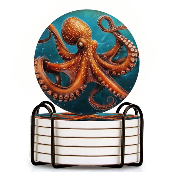 Majestic Octopus Gracefully Swimming In The Depths Of Ocean Set of 6 Ceramic Coasters with Holder, Absorbent Drink Bar Coasters, Table Coasters for Living Room Decor Tabletop Protection