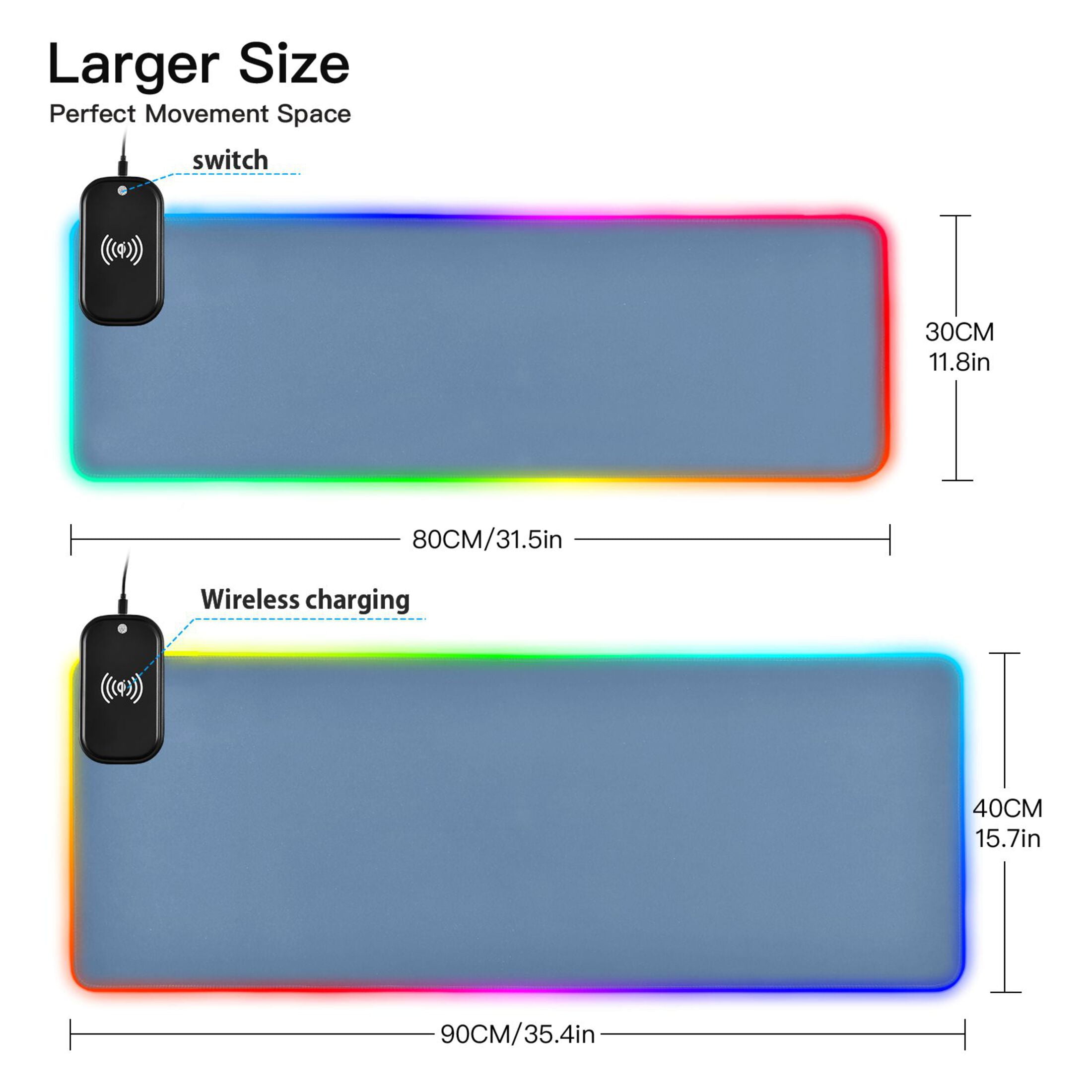 Wireless Charging Mouse Pad Large RGB Gaming Desk Mat 13 Light Modes Mousepad 31.5x11.8 Sea Blue