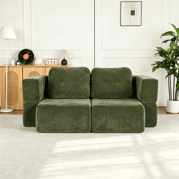 Green 2‑in‑1 Convertible Sofa Bed, Foldable Cloud Couch Floor Mattress with Pillows & Blanket, No‑Assembly Guest Sleeper Sofa for Small Space