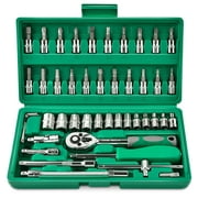 GOXAWEE 46 Pieces 1/4 inch Drive Socket Ratchet Wrench Set, with Bit Socket Set Metric and Extension Bar for Auto Repairing and Household, Green
