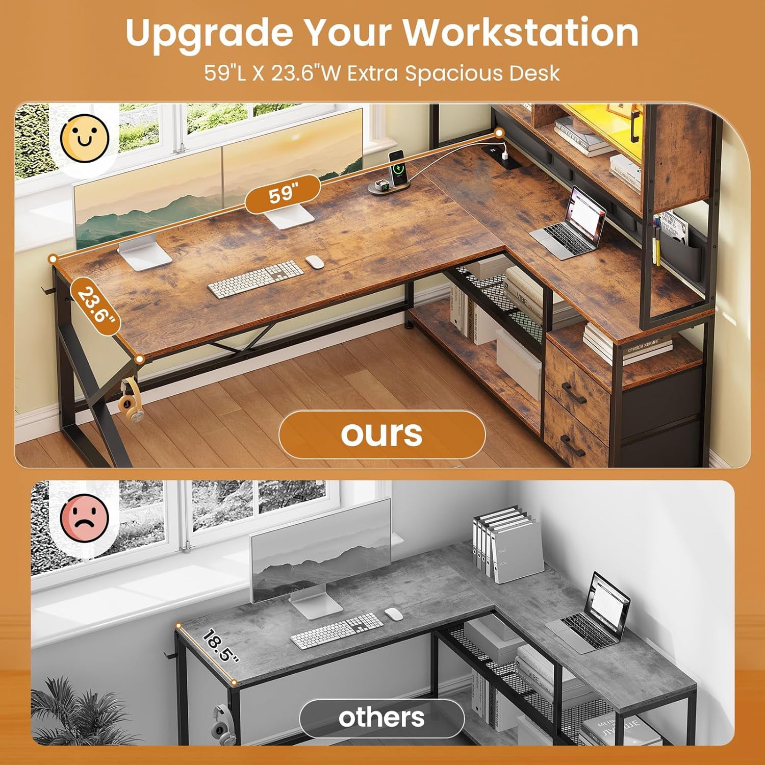 SEDETA L Shaped Desk with Ample Storage, Gaming Desk with LED Lights & Power Outlets, Home Office Desk with Drawers, Glass Cabinets & Open Shelves, Corner Desk with Spacious Desktop, Rustic Brown