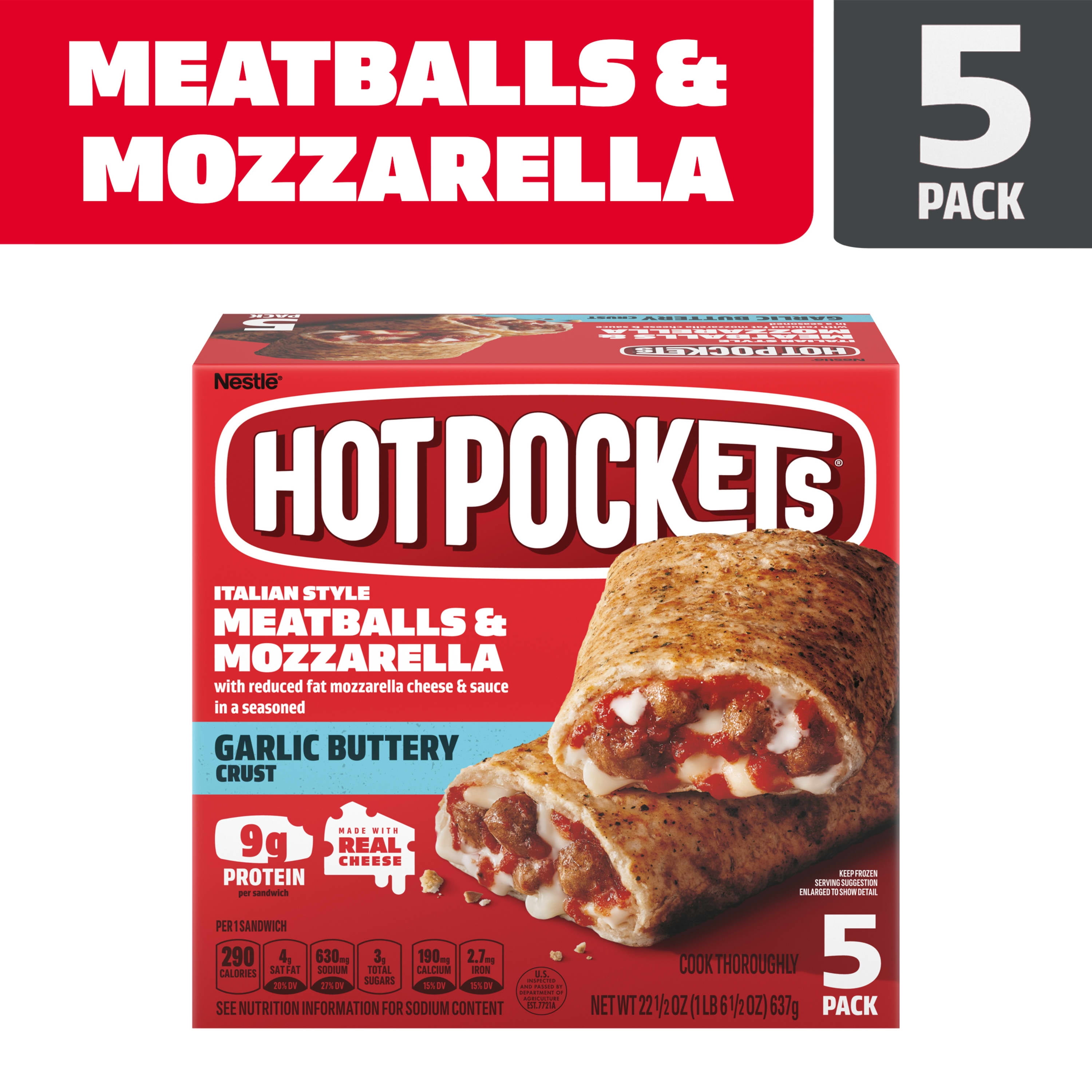 Hot Pockets Frozen Snacks Meatballs and Mozzarella Garlic Buttery Crust Sandwiches, 22.5 oz, 5 Count (Frozen)
