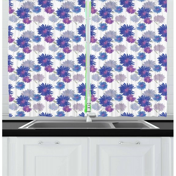 Ambesonne Aster Kitchen Curtains, Blossoming Daisies Design, 55"x39", Grey Navy Blue Violet