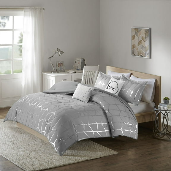 Cotton Bedding Set, Full/Queen Metallic Printed Comforter Set, Grey Silver Comforter Set,Polyester Bed In A Bag, Household Supplies & Décor Bedding Bedding Sets Full/Queen Metallic Printed Comforter