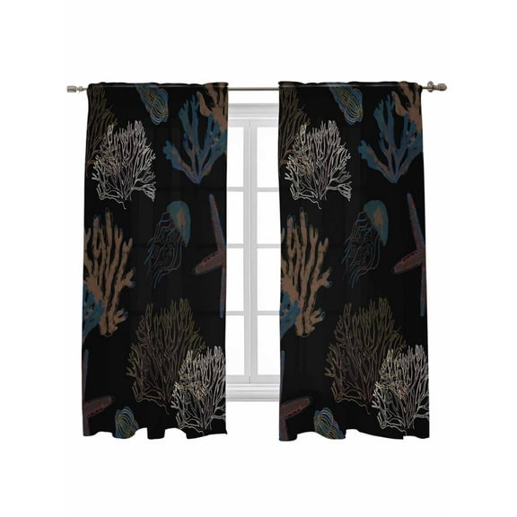 Black Coral Coastal Curtains 72 Inch Length, Sheer Curtains for Bedroom Living Room Window Nautical Starfish Summer Beach Rod Pocket Voile Drapes Kitchen Curtains Small Half Window 52"x72" 2 Panels