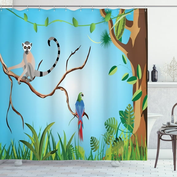 Ambesonne Lemur Shower Curtain, Tropical Botanical Parrot, 69"Wx70"L, Umber Forest Green