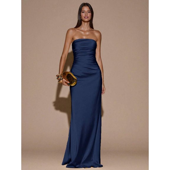 Navy Blue Satin Strapless Ruched Mermaid Maxi Dress For Formal Evening Cocktail Party