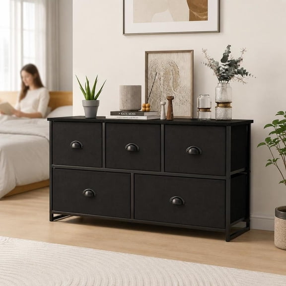 5 Drawer Dresser Storage Tower, foldable cloth storage cubes, black, steel frame, MDF reinforcement