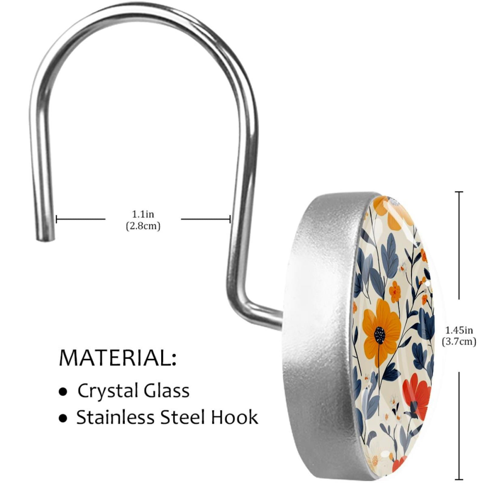 Blossom Florals Shower Curtain Hooks Round Crystal Glass, Set of 12 Shower Curtain Rings - Shower Hooks for Curtain Shower Rings