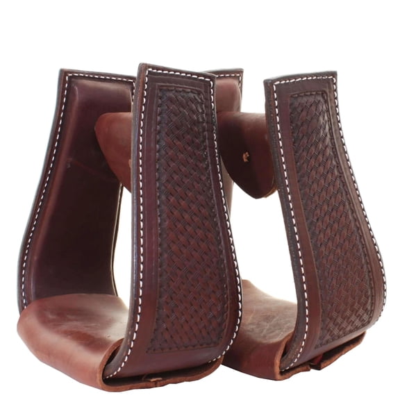Brown Western Horse Stirrups Leather Covered, Deep Roper, Brown Basket Weave Tooled Foot Rest